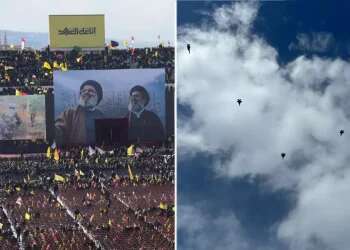 The public funeral ceremony for Hezbollah leaders Hassan Nasrallah and Hashem Safieddine on February 23, 2025 Israeli jets fly over Beirut during Nasrallah's funeral