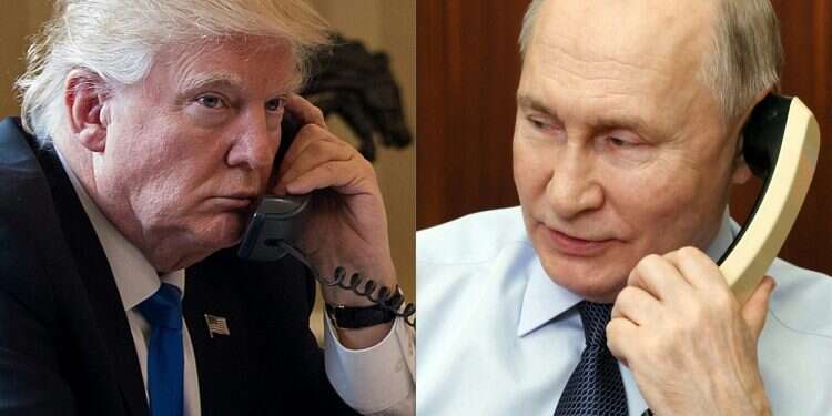 This combination of pictures created on March 18, 2025 shows President Donald Trump (R) on the phone on January 28, 2017 in Washington, and Russia's President Vladimir Putin (L) on the phone Moscow on December 27, 2023 Putin demands suspension of aid to Ukraine during Trump talk