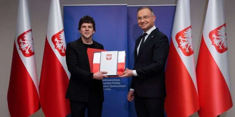 Polish President Andrzej Duda grants actor and filmmaker Jesse Eisenberg with Polish citizenship at an event held at the Polish Mission to the United Nations in New York City, March 4, 2025 Jewish Oscar winner granted Polish citizenship
