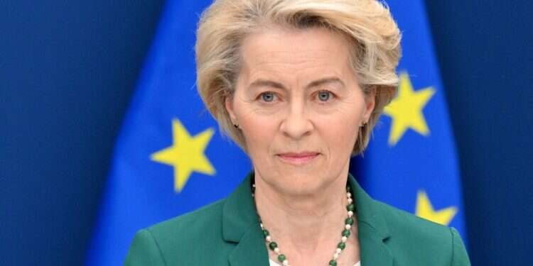 European Commission President Ursula von der Leyen looks on during a press conference with Norway's Prime Minister at the EU Commission headquarters in Brussels on April 7, 2025 EU fights back against Trump tariffs with $28 billion retaliation plan