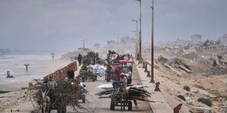 Displaced Palestinians, carrying their belongings, wood and other items, move between southern and northern Gaza along a beach road away from the areas where the Israeli army is operating after Israel's renewed offensive in the Gaza Strip, in the outskirts of Gaza City, Friday March 21, 2025 53% of Americans view Israel negatively, doubt Trump's Gaza plans
