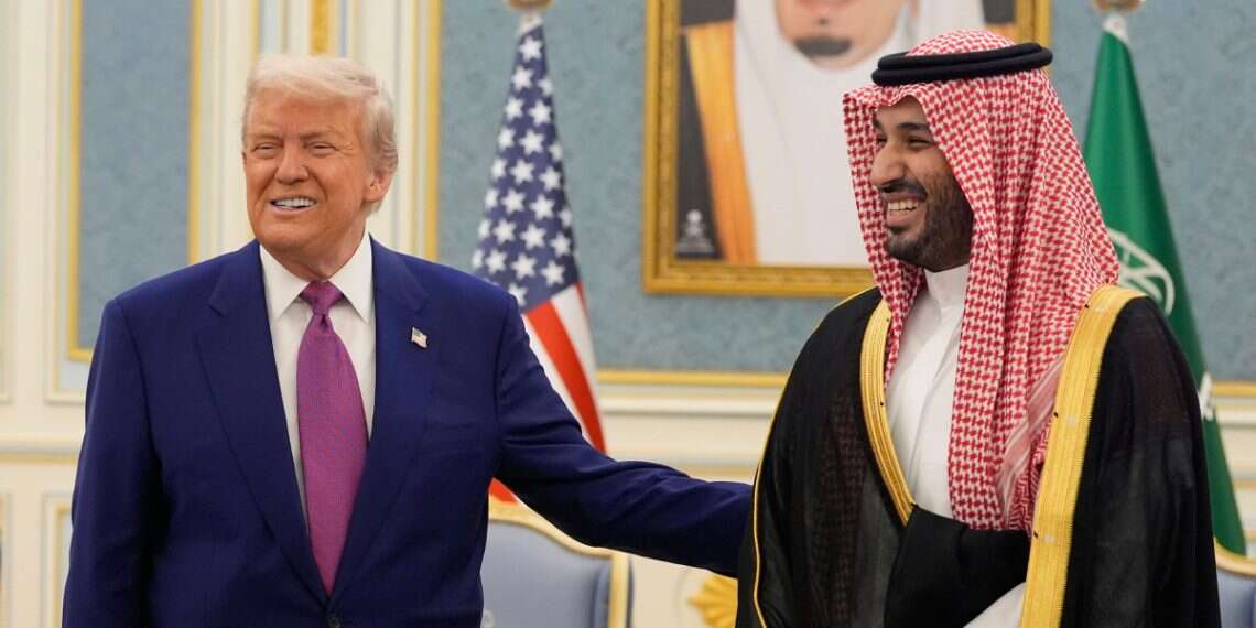 President Donald Trump and Saudi Crown Prince Mohammed bin Salman gesture as they meet delegations at the Royal Palace in Riyadh, Saudi Arabia, Tuesday, May 13, 2025 Where are US-Arab relations headed?