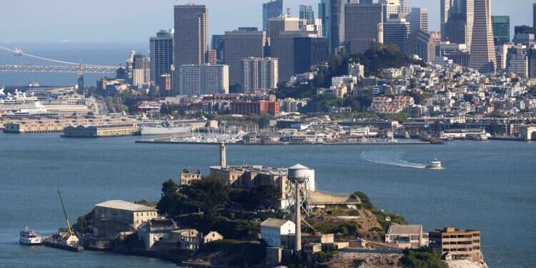 A view from a helicopter of Alcatraz Prison, a National Parks site located on Alcatraz Island in San Francisco Bay in San Francisco, California, May 5, 2025 The forgotten Jewish stories of America's most feared prison