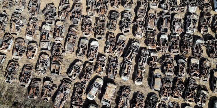 A view of vehicles destroyed by Hamas during the October 7th attack on Israel, collected in a field near the Israel-Gaza border, Israel October 30, 2023 Hamas claims double agents deceived Shin Bet before Oct. 7 attack