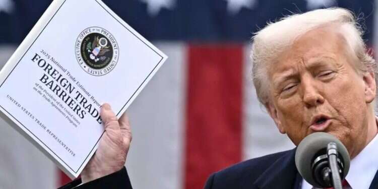 Trump presenting the tariffs at the White House Court blocks Trump tariff plan