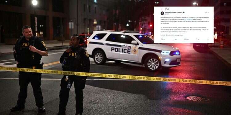 The scene near the attack in Washington, DC on May 22, 2025 Inset: AOC's comments Ocasio-Cortez ignores Jewish identity of victims in DC shooting, faces backlash