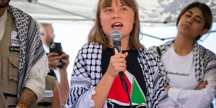 Greta Thunberg speaking at a press conference on June 1, 2025 in Catania, Italy Defense minister orders Hamas attack footage shown to intercepted Gaza flotilla passengers