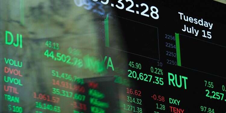 The day's numbers and statistics are displayed on a monitor on the floor of the New York Stock Exchange (NYSE) at the opening bell on July 15, 2025, in New York City Dow climbs 229 points as robust earnings and economic data fuel investor optimism