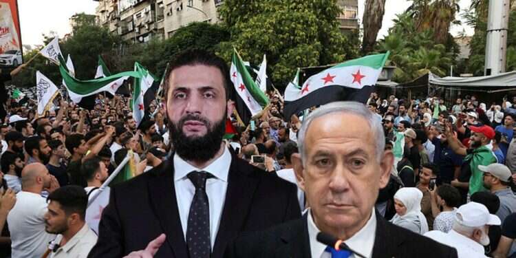 Syrian President Ahmed al-Sharaa; Prime Minister Benjamin Netanyahu ; Background: An anti-Israel protest in Damascus, July 2025 Israel's Syrian march of folly