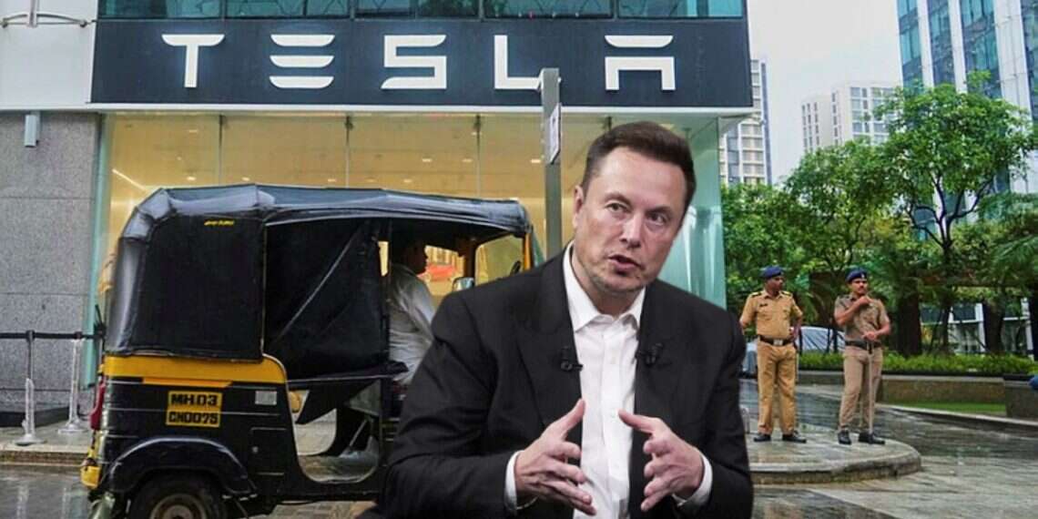 Elon Musk, Tesla CEO, against the backdrop of India's first TESLA showroom Tesla's big move in India starts