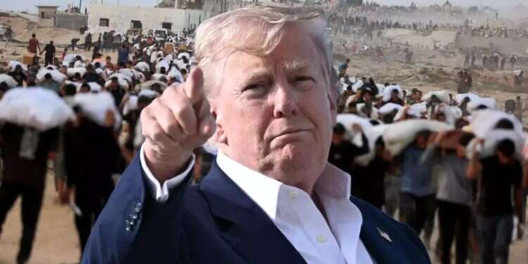 US President Donald Trump with images of Gazans and humanitarian aid in the background. Photo: Reuters, AFP Trump pushes Gaza deal over full conquest
