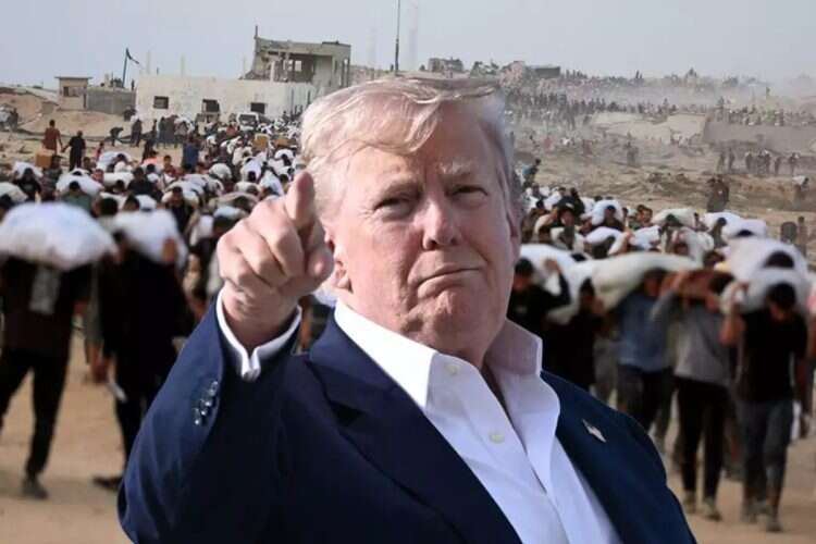 US President Donald Trump with images of Gazans and humanitarian aid in the background. Photo: Reuters, AFP