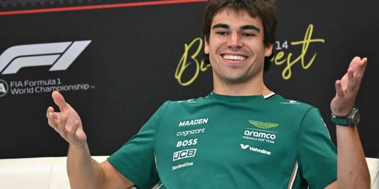 Aston Martin's Canadian driver Lance Stroll attends a press conference ahead of the Formula One Hungarian Grand Prix in Budapest, Hungary, on July 31, 2025 Formula 1 driver under fire for Tel Aviv visit with Israeli model