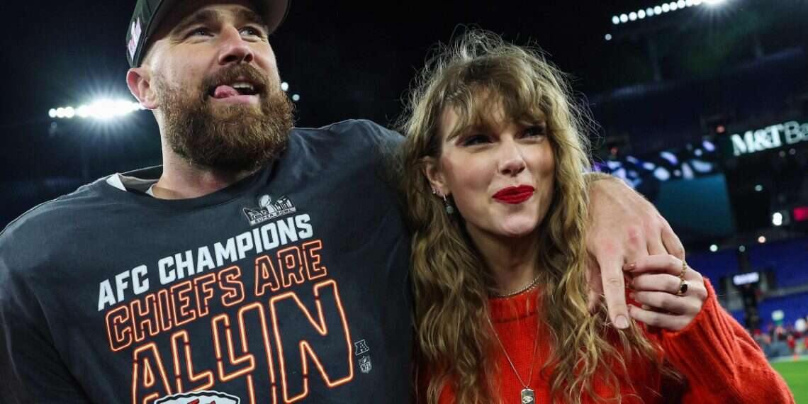 Travis Kelce #87 of the Kansas City Chiefs (L) celebrates with Taylor Swift on January 28, 2024 When did Taylor Swift really get engaged?