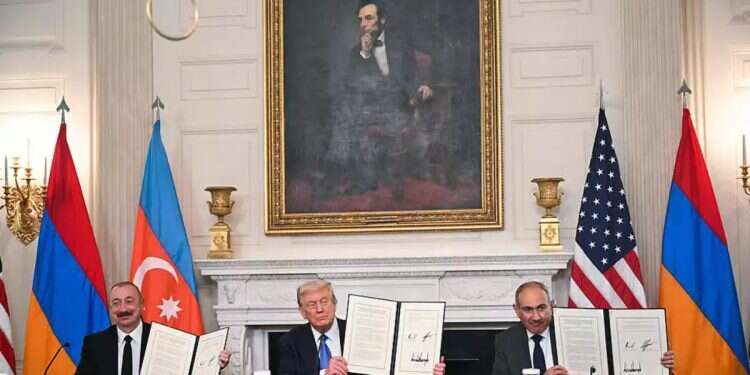 President Trump with the leaders of Azerbaijan and Armenia. Photo: AFP Major foreign policy win for Trump as Armenia and Azerbaijan sign peace deal at White House