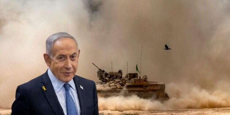 Prime Minister Benjamin Netanyahu against the backdrop of a tank in the Gaza Strip. Netanyahu says Israel had 'no choice' but approve Gaza takeover plan