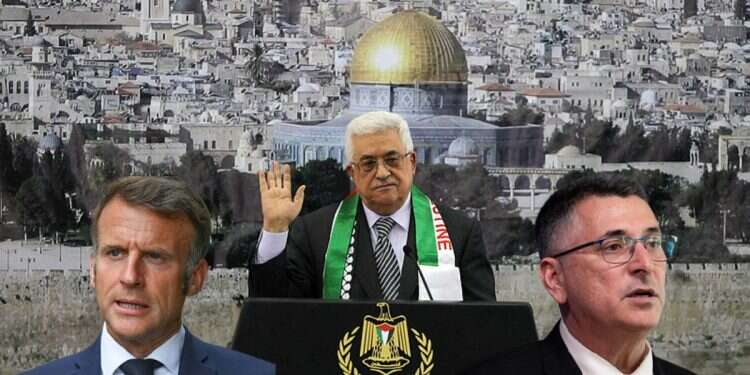 President Mahmoud Abbas, President Emmanuel Macron, and Foreign Minister Gideon Sa'ar Israel FM seeks to shut down French consulate over 'Palestine' recognition