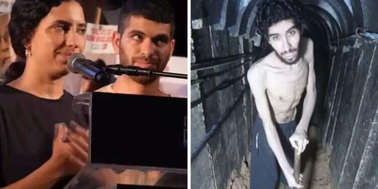 Ya’ala David, sister of hostage Evyatar David, at Hostages Square, alongside footage of Evyatar in captivity. Photo: Moshe Ben Shimon Evyatar David's sister: 'Mom can't bear to watch the videos'