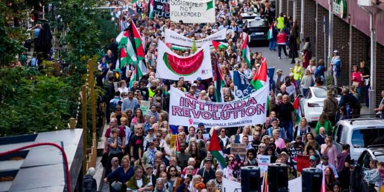 Demonstrators gathered at Gronland Square to take part in a national demonstration against Israel's actions in Gaza and Norway's lack of intervention in Oslo, Norway, 30 August 2025 Norway poll: 'It seems like Israel is the center of the world'
