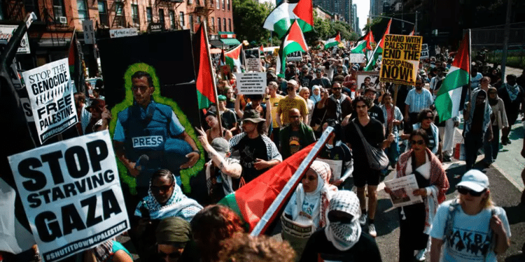 A pro-Palestinian demonstratio in New York City, New York, USA, in August 2025 'Vegans for Palestine'? New York boycott campaign targets Israeli chef