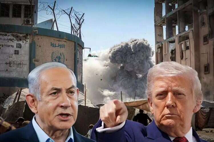 Trump and Netanyahu with Gaza City in the background. Photo: AFP, Chaim Goldberg/Flash90, Reuters