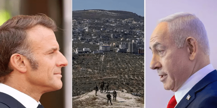 Prime Minister Benjamin Netanyahu (R), the view of Judea and Samaria, and French President Emmanuel Macron (L) Abraham Accords face threat as France leads Palestinian recognition push