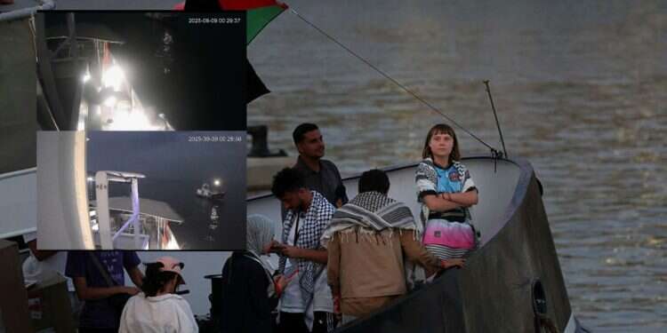 Swedish climate activist Greta Thunberg (R) is seen on board of a vessel of the civilian flotilla on Sept. 1, 2025 (inset: the alleged drone attack) Greta Thunberg's flotilla 'set on fire' by drone, crew say