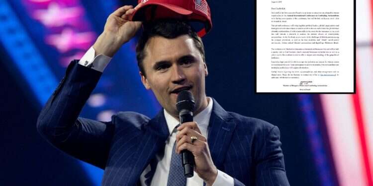 Charlie Kirk, Turning Point USA founder, puts on a MAGA hat during the AmericaFest 2024 conference sponsored by conservative group Turning Point in Phoenix, Arizona, December 19, 2024 (Inset: The invitation) Charlie Kirk was scheduled to visit Israel in January