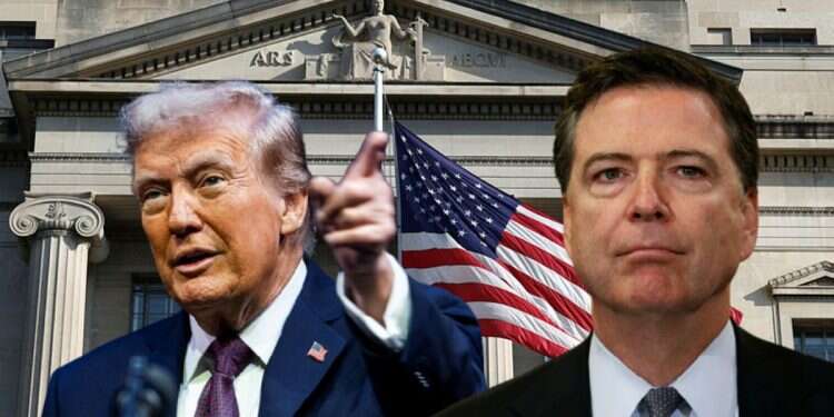 President Trump and James Comey against the background of the Justice Department Indictment imminent for former FBI chief Comey