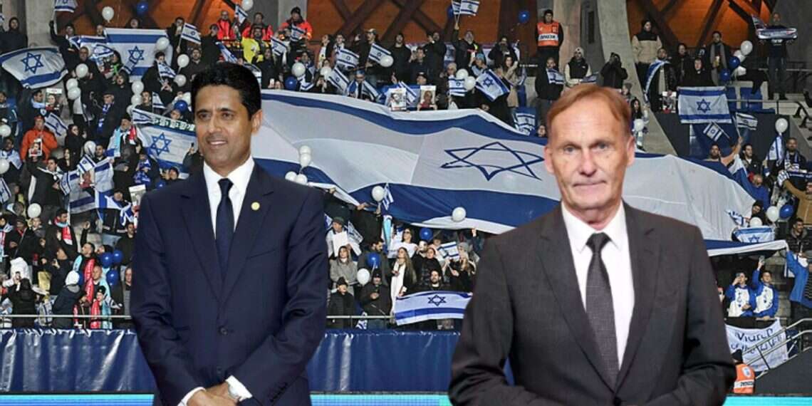 Israel fans display a giant flag prior to the UEFA Euro 2024 Group I qualification match (inset: Paris Saint-Germain President Nasser Al-Khelaifi and the deputy chairman of the German Football Association Hans-Joachim Watzke Israel's true friends emerge as UEFA deliberates ban
