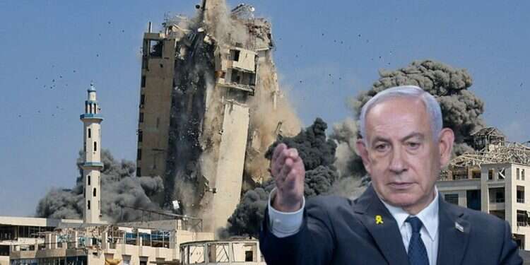 Prime Minister Benjamin Netanyahu on Tuesday. Background: Smoke rises from the evacuated Al-Ghefari residential tower, as it collapses The last campaign: Netanyahu takes his biggest gamble yet