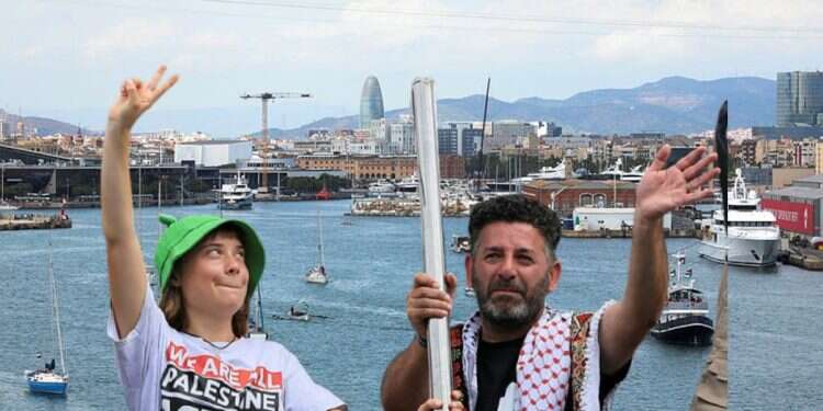 Greta Thunberg and Saif Abukeshek wave as they depart on the Global Sumud Flotilla on August 31, 2025 Greta's Gaza flotilla makes abrupt U-turn after surprise at sea