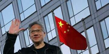 NVIDIA's Jensen Huang against the backdrop of the Chinese flag China bans NVIDIA chips as AI race heats up