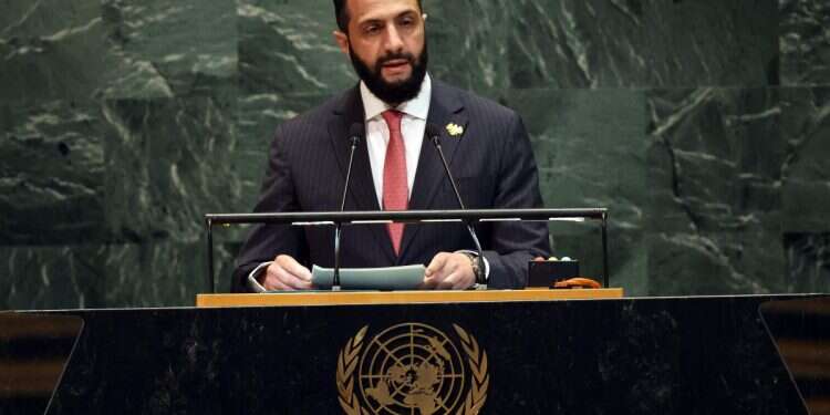 President of Syria Ahmed al-Sharaa addresses the United Nations (UN) General Assembly during the 80th session of the annual event on September 24, 2025, in New York City Partition Syria to save it