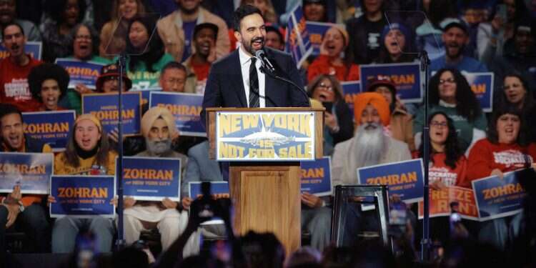 New York Mayoral Candidate Zohran Mamdani speaks during an election rally with Bernie Sanders and Alexandria Ocasio-Cortez at Forest Hills Stadium on October 26, 2025 in the Queens borough of New York City The Jewish vote that's tearing New York apart