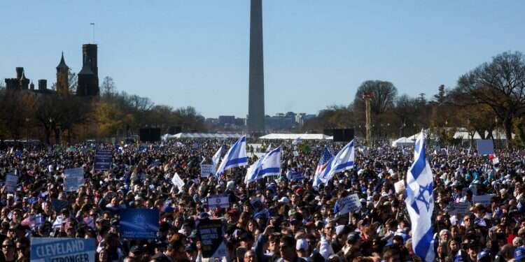 Jewish Americans and supporters of Israel gather in solidarity with Israel and protest against antisemitism, amid the ongoing conflict between Israel and the Palestinian group Hamas, during a rally on the National Mall in Washington, US, November 14, 2023 Scary poll in US: 55% of Jews experienced antisemitism