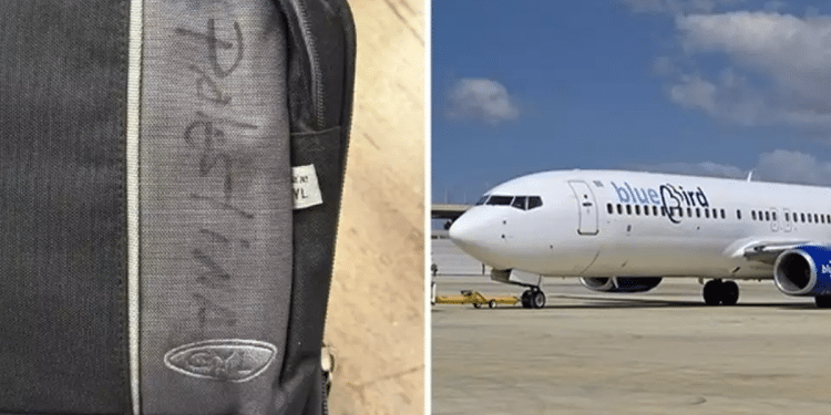 The vandalized bag (L) and a Blue Bird airplane (R) Crew writes 'Palestine' on Israeli passenger's luggage during Blue Bird flight to Tel Aviv