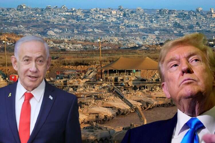 Donald Trump and Benjamin Netanyahu (background: Gaza)