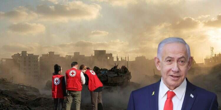 Prime Minister Benjamin Netanyahu (Background: IDF troops and Red Cross authorities in a fused image) Israel weighs expanding Gaza control after Hamas breaks hostage deal