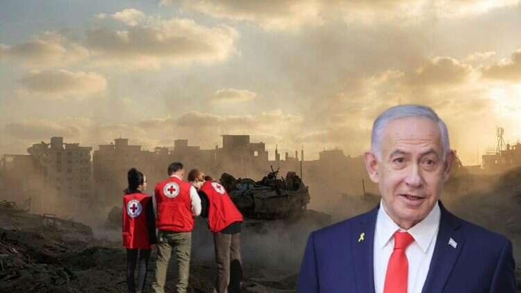 Prime Minister Benjamin Netanyahu (Background: IDF troops and Red Cross authorities in a fused image)