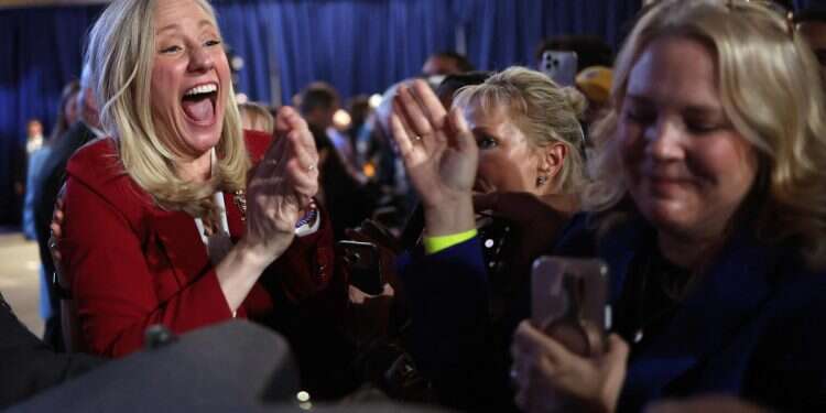 Rep. Abigail Spanberger celebrates with supporters during her election night rally at the Greater Richmond Convention Center on November 4, 2025 in Richmond, Virginia Former CIA officer, woman wins VA governor's race