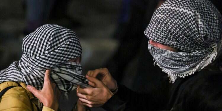 Pro-Palestinian demonstrators wear keffiyeh at a protest to condemn the interception of the vessels of the Global Sumud Flotilla, in Rome, Italy, October 1, 2025 Lizzy Savetsky dons Israeli headscarf 'in response to the keffiyeh'