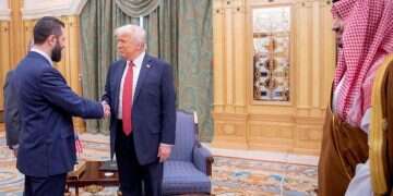 US President Donald Trump meets Syrian President Ahmed al-Sharaa in Riyadh, Saudi Arabia, in this handout released on May 14, 2025