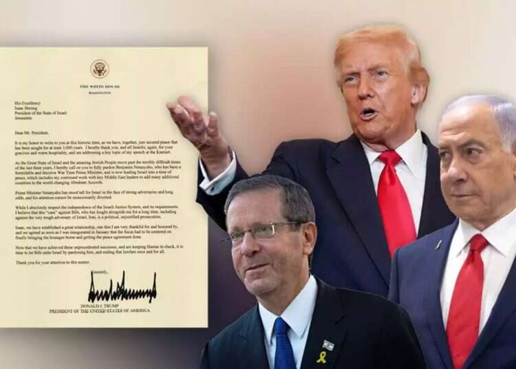 Trump, Netanyahu and Herzog with the letter. Photo: Getty Images, Yonatan Sindel/Flash90, Miriam Alster/Flash90 Trump calls on Israeli President Herzog to pardon Netanyahu