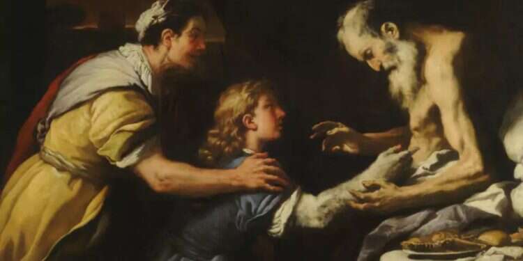 Rebekah presents Jacob (disguised as Esau) to the blind Isaac. Painting by Luca Giordano. Italy, mid-17th century