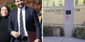 The swastikas that were spray-painted, and Mamdani the day after his victory. Photo: X, AP Brooklyn Yeshiva vandalized with Swastikas after Mamdani's win