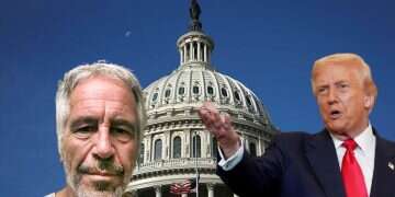 Donald Trump and Jeffery Epstein (background: the US Capitol) Epstein emails claim Trump visited his home with trafficking victim