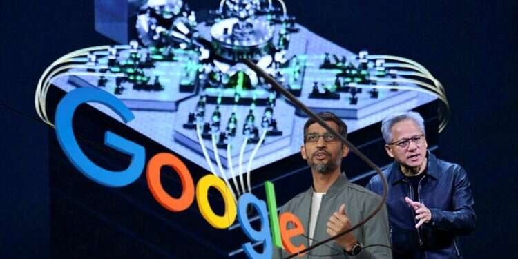 NVIDIA CEO Jensen Huang speaks during the Live Keynote Pregame during the Nvidia GTC conference (left: Google CEO Sundar Pichai) Nvidia vs. Google: Chip war escalates