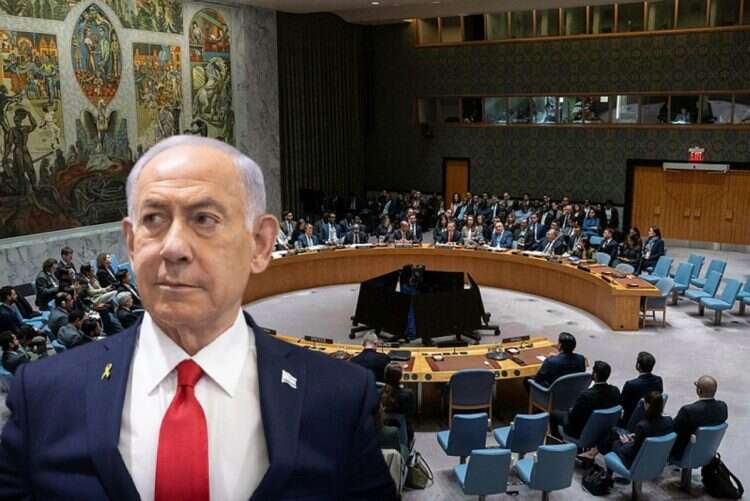 Prime Minister Benjamin Netanyahu against the backdrop of the United Nations Security Council