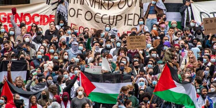 Supporters of Palestine gather at Harvard University to show their support for Palestinians in Gaza at a rally in Cambridge, Massachusetts, on October 14, 2023 Harvard hires convicted attacker of Israeli student